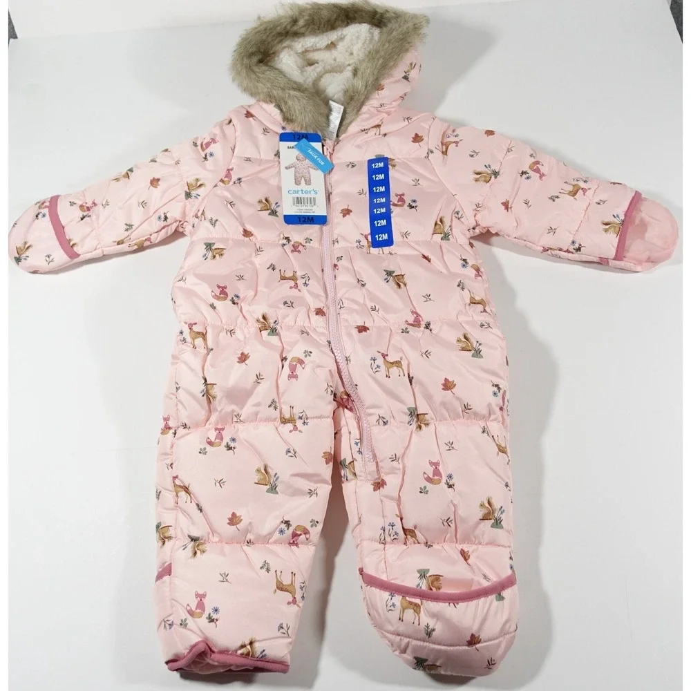 Carters Baby Pram Suit Snowsuit 12 Month Foldover Cuffs for Hand Feet Faux Fur